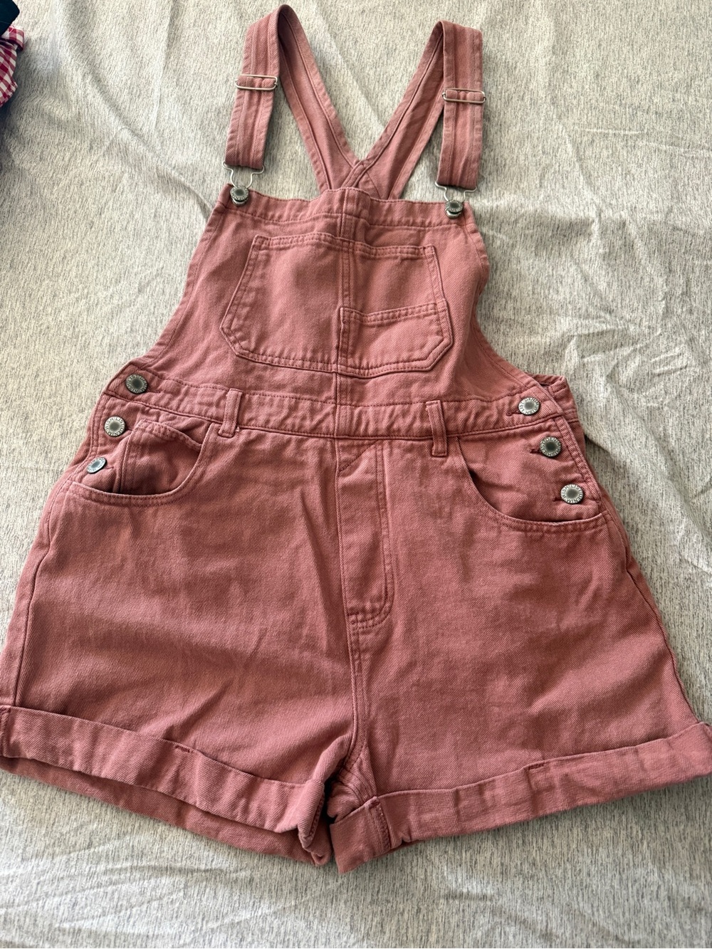 Wishlist Dusty Rose Denim Overall Shorts with Adjustable Straps.